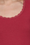 Long Sleeve Scoop Neck with Lace Trim Rib Knit Top: BRG-wine