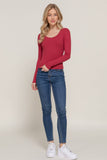 Long Sleeve Scoop Neck with Lace Trim Rib Knit Top: BRG-wine