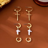 Cross Charm Huggie Hoop Trio Earrings Set | 80E63280: GOLD