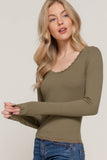 Long Sleeve Scoop Neck with Lace Trim Rib Knit Top: HGY-h grey / L