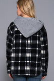 Long Sleeve Plaid Button Down with Hoodie Fleece Jacket: BLK-black/ivory / L