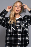 Long Sleeve Plaid Button Down with Hoodie Fleece Jacket: BLK-black/ivory / L