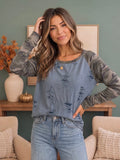 Distressed Denim Body Camo Sleeve Raglan Top