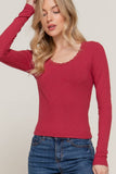 Long Sleeve Scoop Neck with Lace Trim Rib Knit Top: BRG-wine