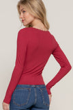 Long Sleeve Scoop Neck with Lace Trim Rib Knit Top: BRG-wine