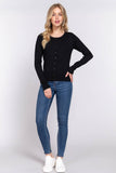 Long Sleeve Round Neck Button Down Sweater Cardigan: BLK-black
