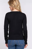 Long Sleeve Round Neck Button Down Sweater Cardigan: BLK-black
