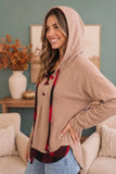 Camel Hooded Lace Up Sweater Top with Buffalo Plaid Trim