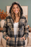 Khaki and Black Plaid Hooded Flannel Shacket