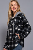 Long Sleeve Plaid Button Down with Hoodie Fleece Jacket: BLK-black/ivory / L