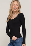 Long Sleeve Scoop Neck with Lace Trim Rib Knit Top: HGY-h grey / L