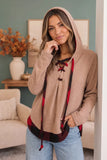 Camel Hooded Lace Up Sweater Top with Buffalo Plaid Trim
