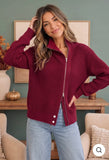 BIBI BURGUNDY RIBBED KNIT MOTO ZIP JACKET