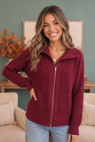 BIBI BURGUNDY RIBBED KNIT MOTO ZIP JACKET