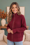 BIBI BURGUNDY RIBBED KNIT MOTO ZIP JACKET