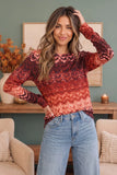 Burgundy Fair Isle Print Long Sleeve Top-Haptics