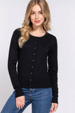 Long Sleeve Round Neck Button Down Sweater Cardigan: BLK-black