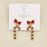 Crystal Bow & Rhinestone Candy Cane Drop Earrings | 40E558: GOLD