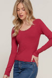 Long Sleeve Scoop Neck with Lace Trim Rib Knit Top: BRG-wine