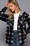 Long Sleeve Plaid Button Down with Hoodie Fleece Jacket: BLK-black/ivory / L
