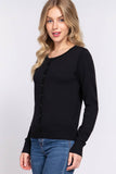 Long Sleeve Round Neck Button Down Sweater Cardigan: BLK-black