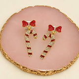 Crystal Bow & Rhinestone Candy Cane Drop Earrings | 40E558: GOLD